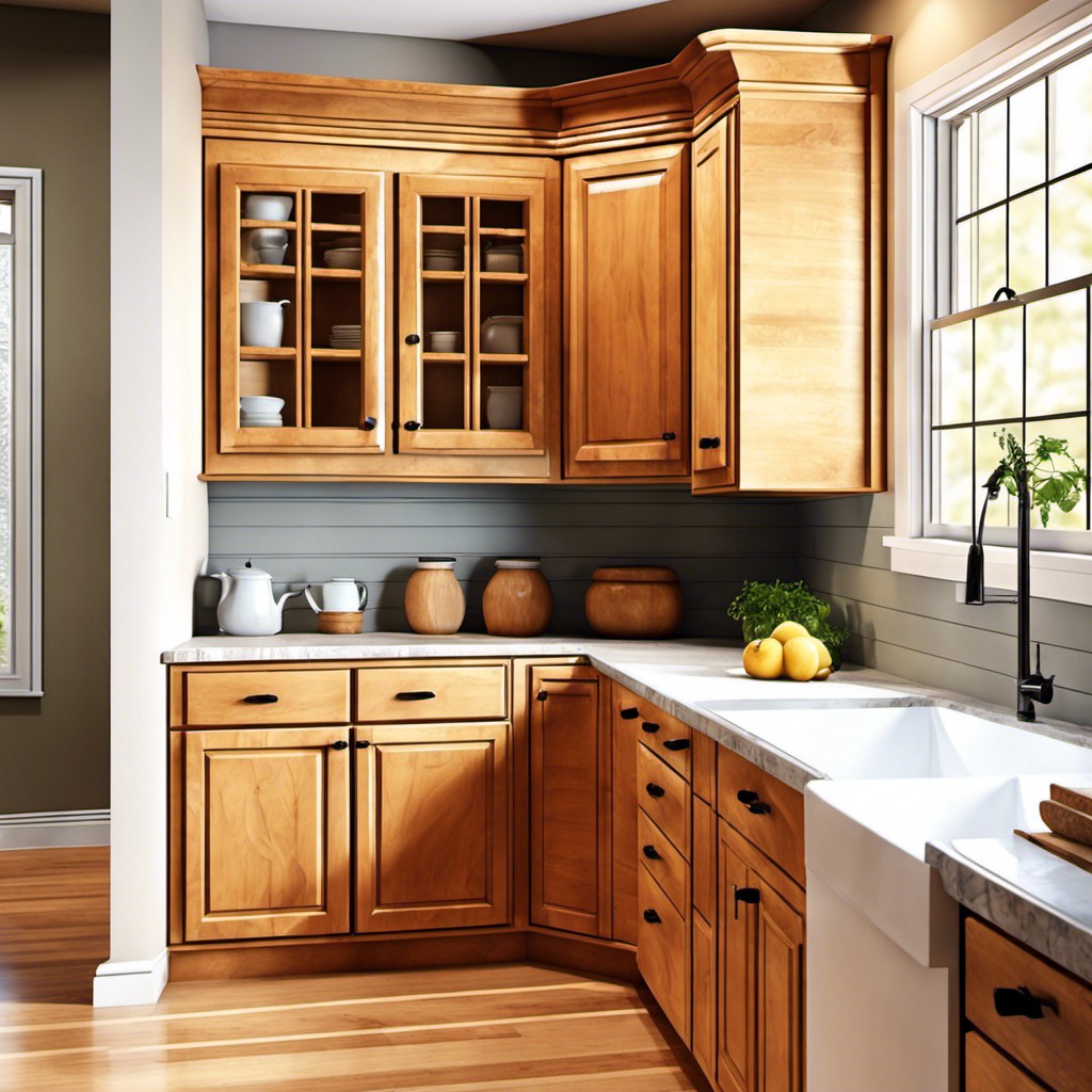 honey maple corner cabinets for maximum storage