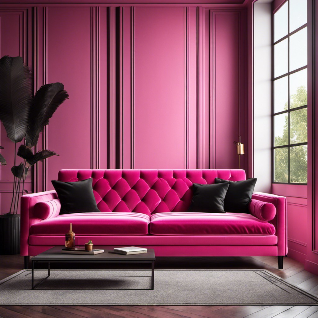hot pink velvet couch with black throw pillows