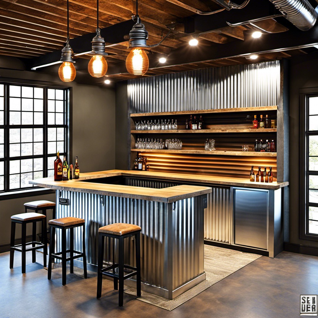 industrial style basement bar with metal panels