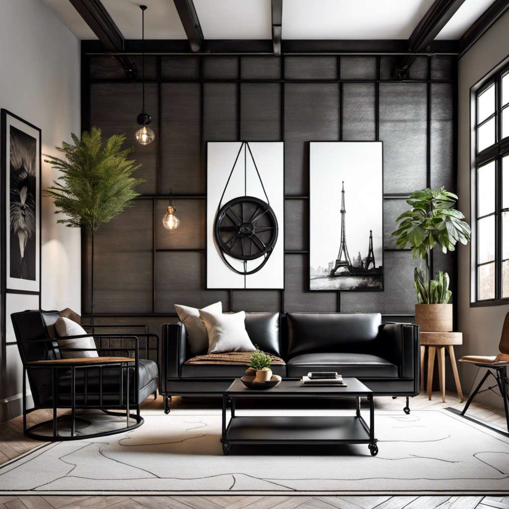 industrial style living room with a black iron frame sofa