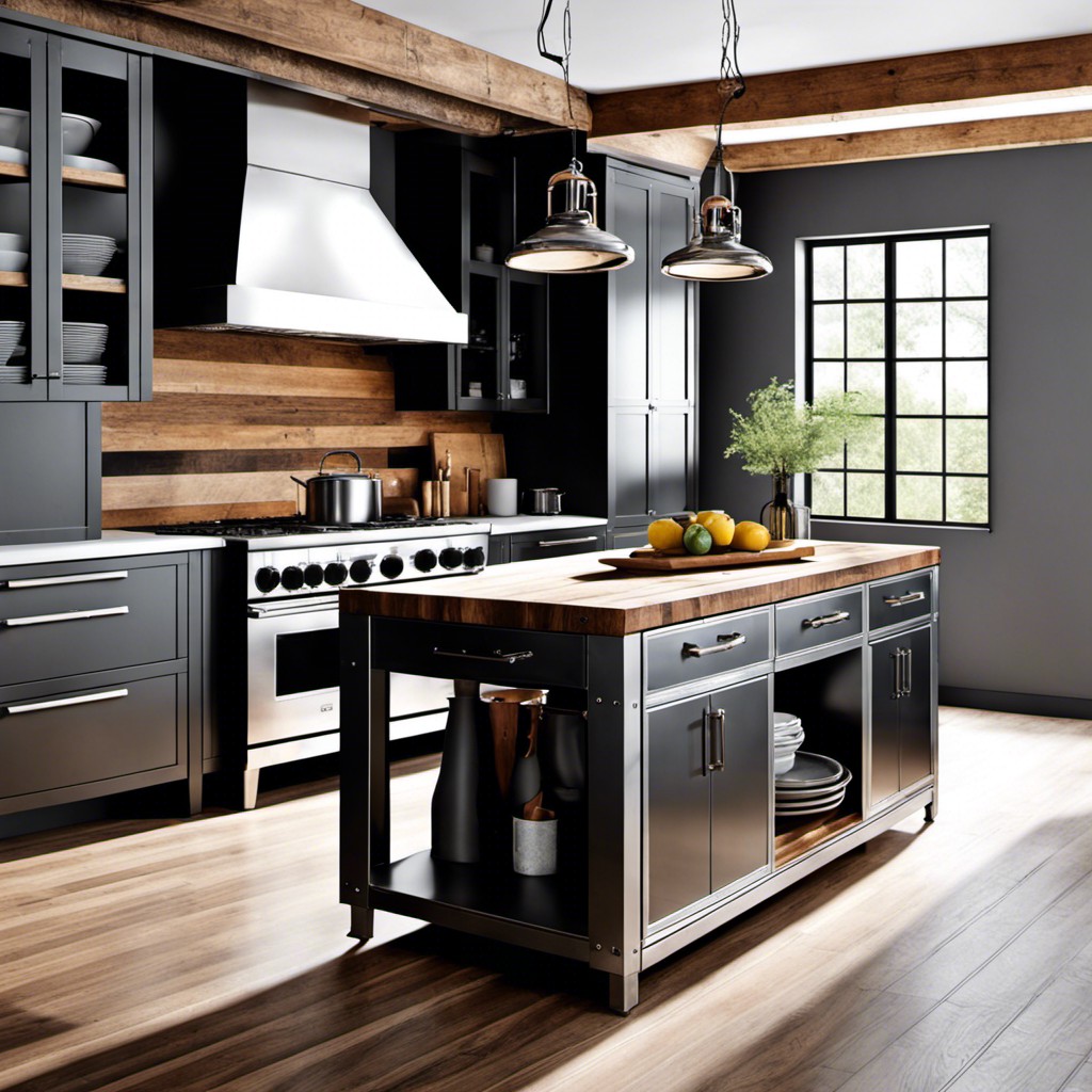 industrial style metal and wood island