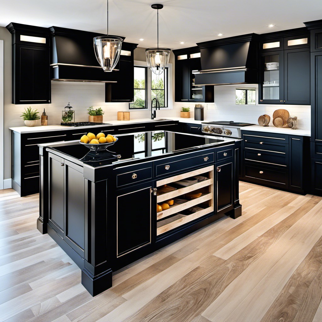 island with black cabinets and glass top