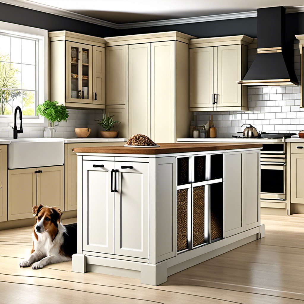 kitchen island with integrated pet feeding station