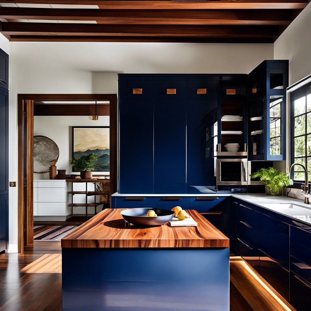 lacquered navy blue cabinets with a contrasting teak countertop