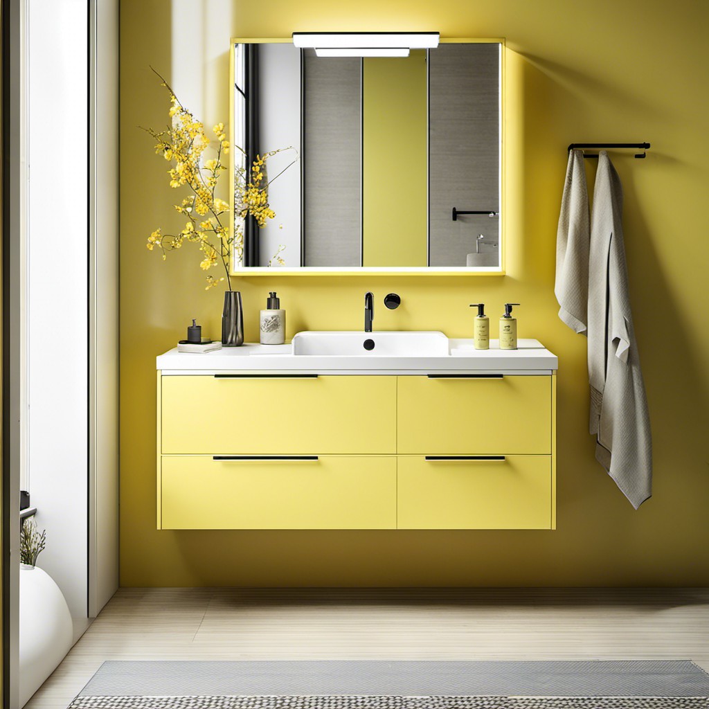 lemon yellow vanity with minimalistic storage