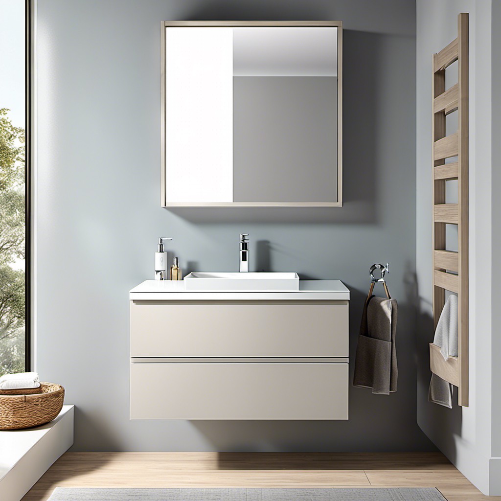 light gray floating vanity with glass sink