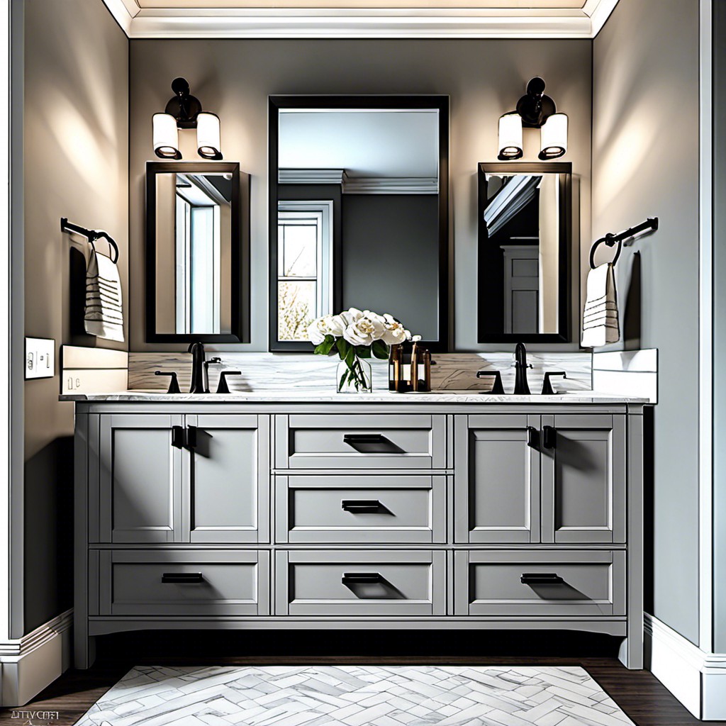 light gray vanity with contrasting dark hardware