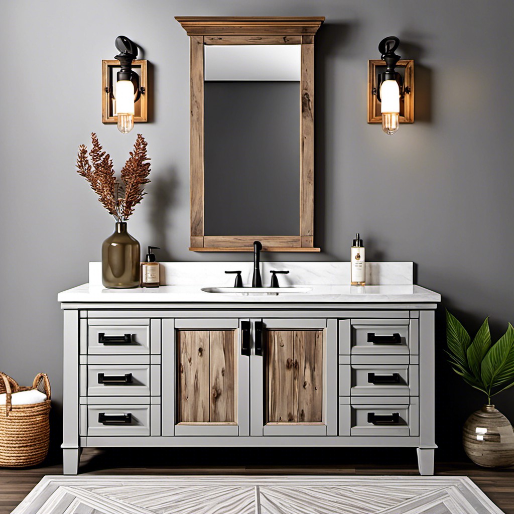 light gray vanity with distressed wood mirror frame