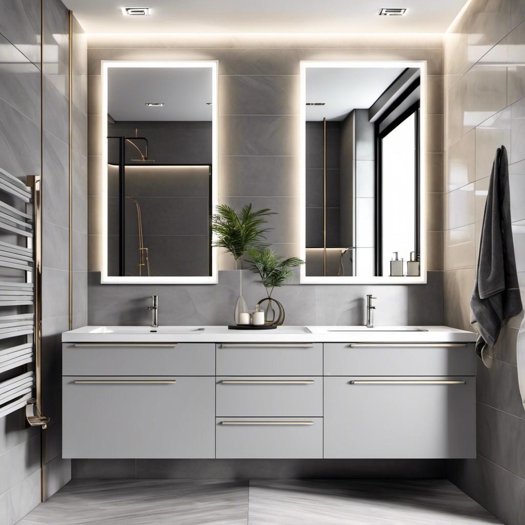 light gray vanity with double sinks