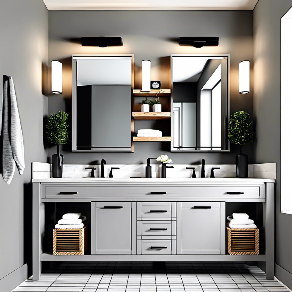 light gray vanity with open shelving