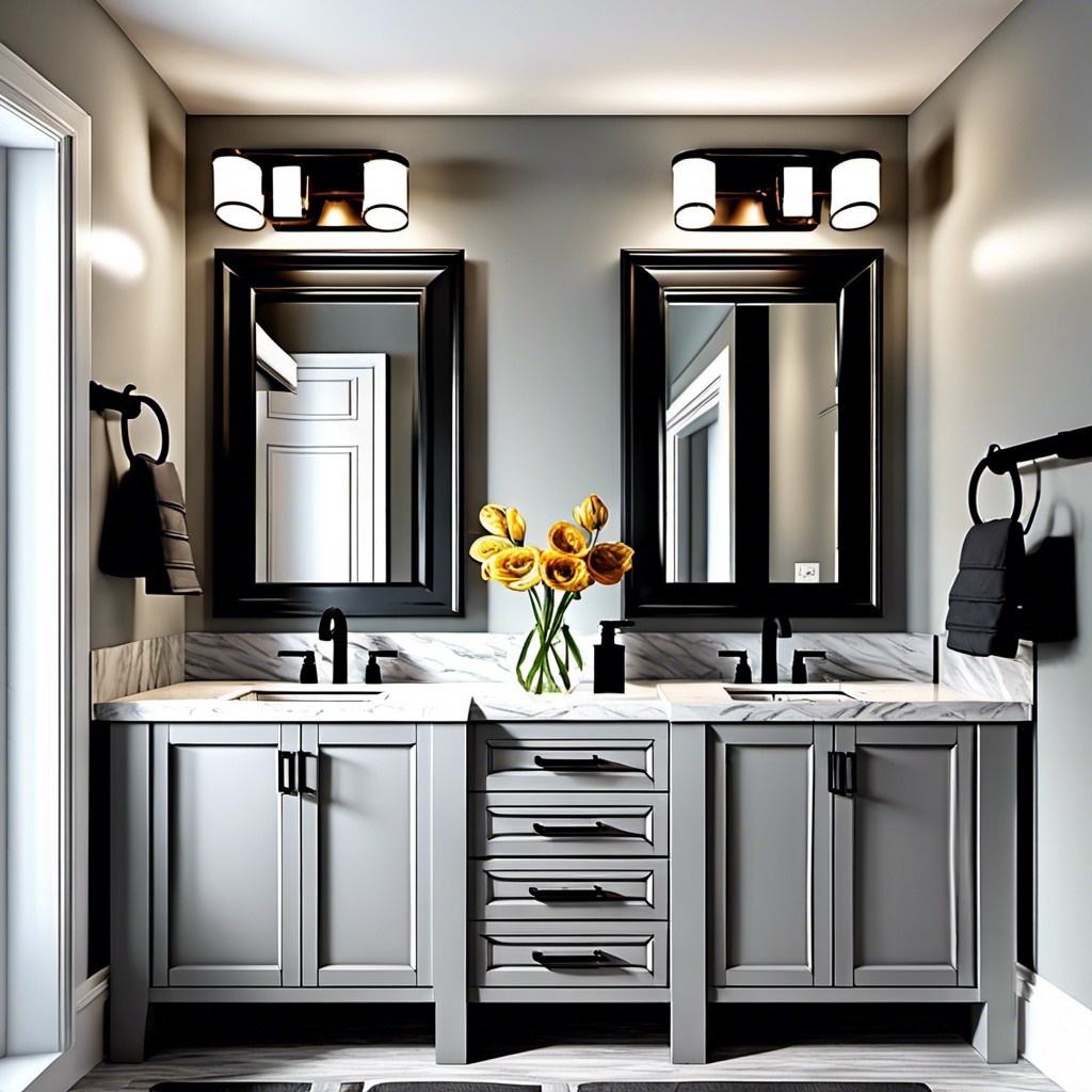 light gray vanity with rich dark countertop