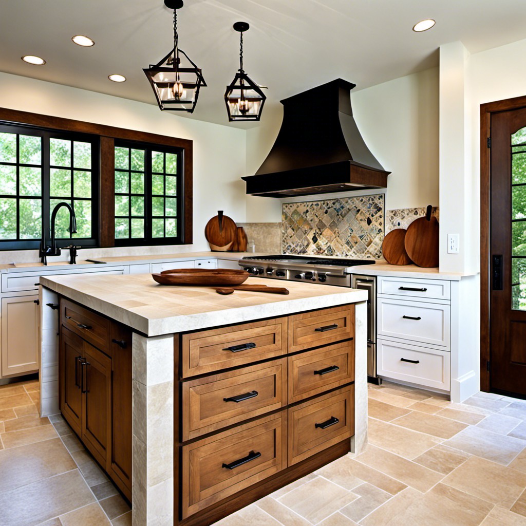 limestone tile island with built in butcher block