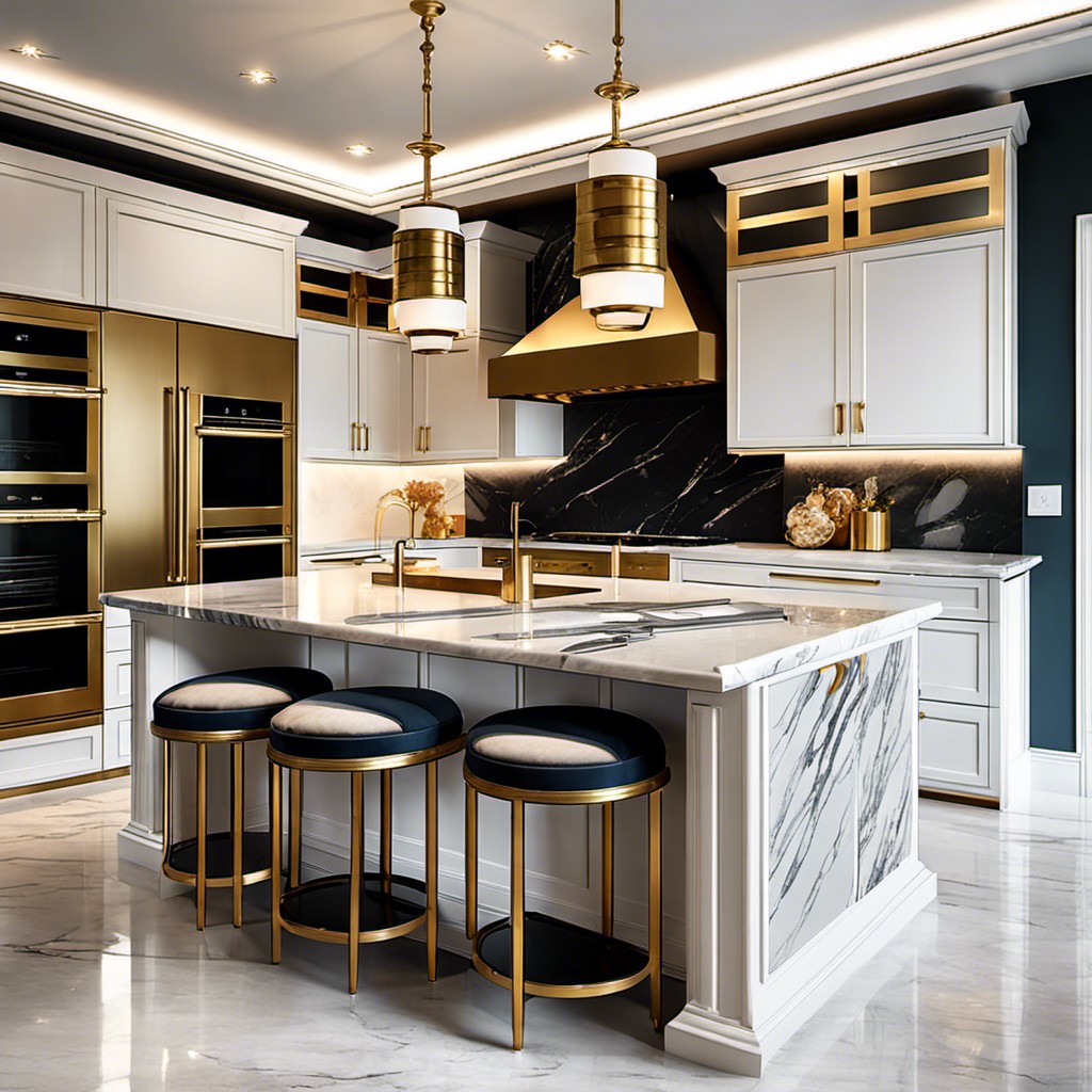 luxurious marble topped island with brass accents