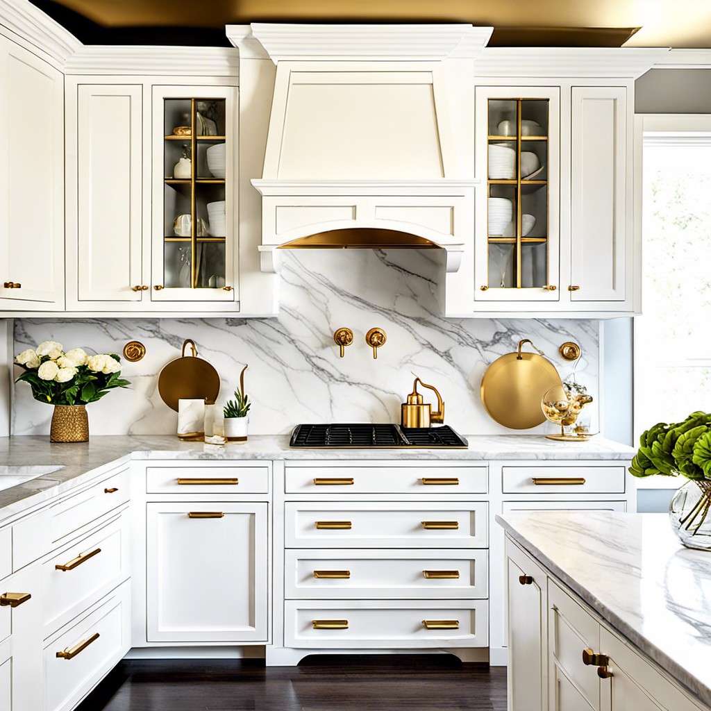 marble topped white cabinets with gold knobs