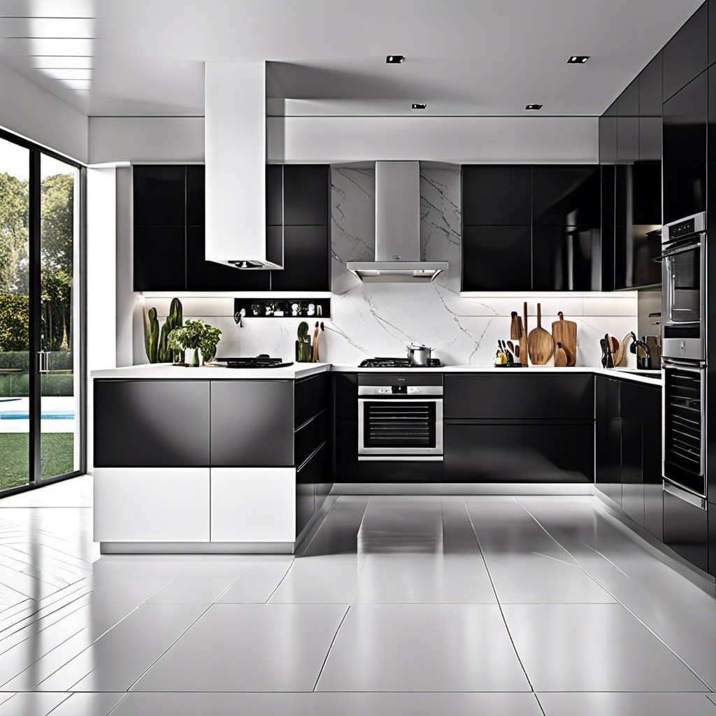 matte black floor with glossy white cabinets
