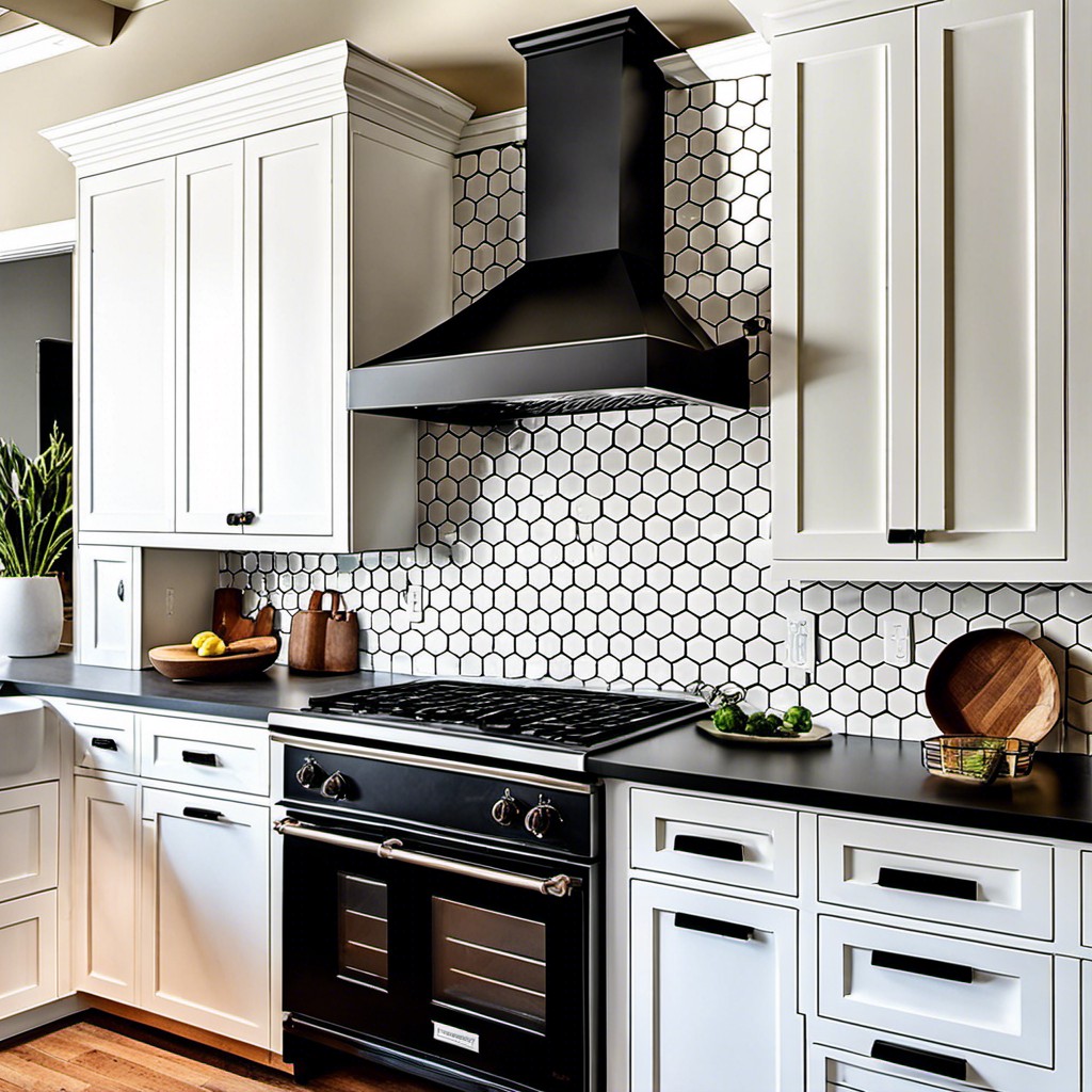 matte black hexagonal tile backsplash