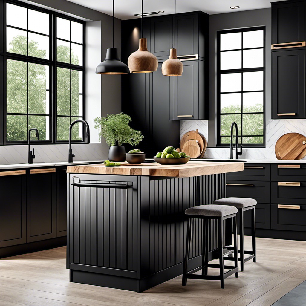 matte black island with wooden countertop