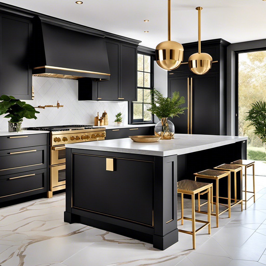 matte black tile island with gold hardware