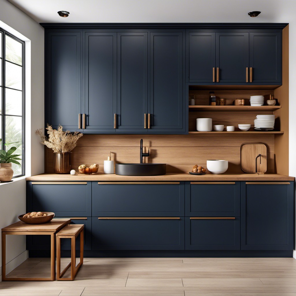 matte finished navy blue cabinets with a caramel bamboo countertop