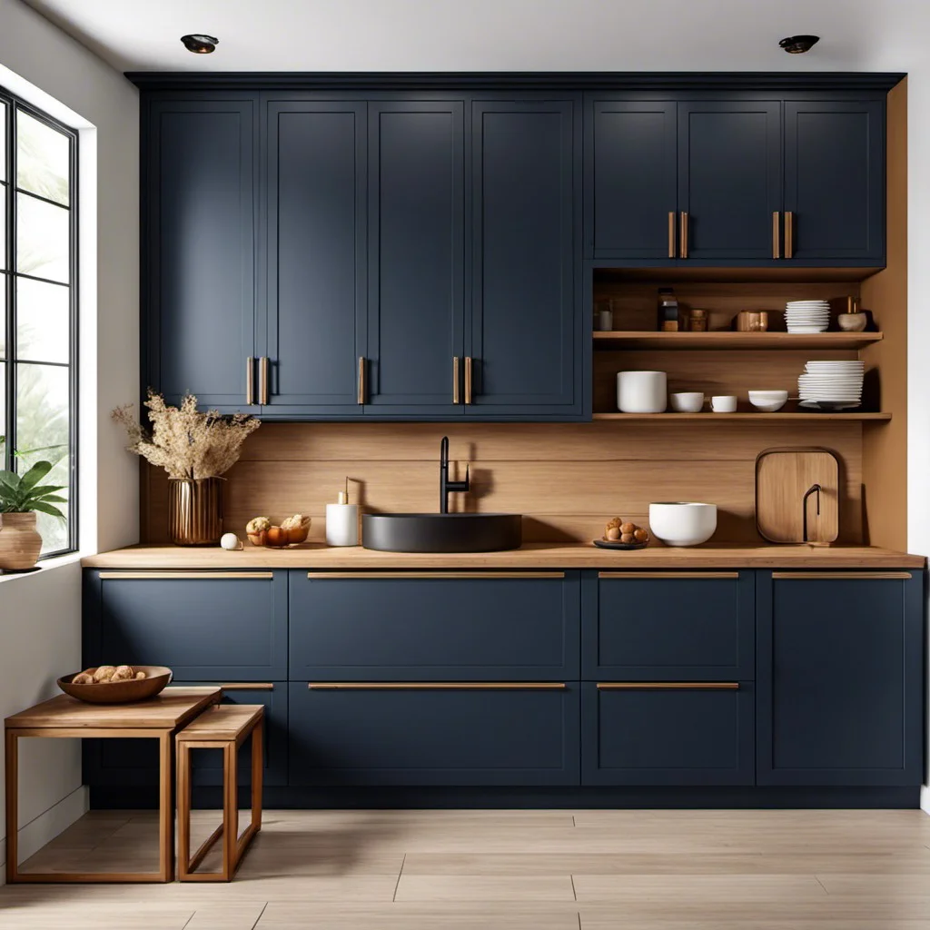 matte finished navy blue cabinets with a caramel bamboo countertop