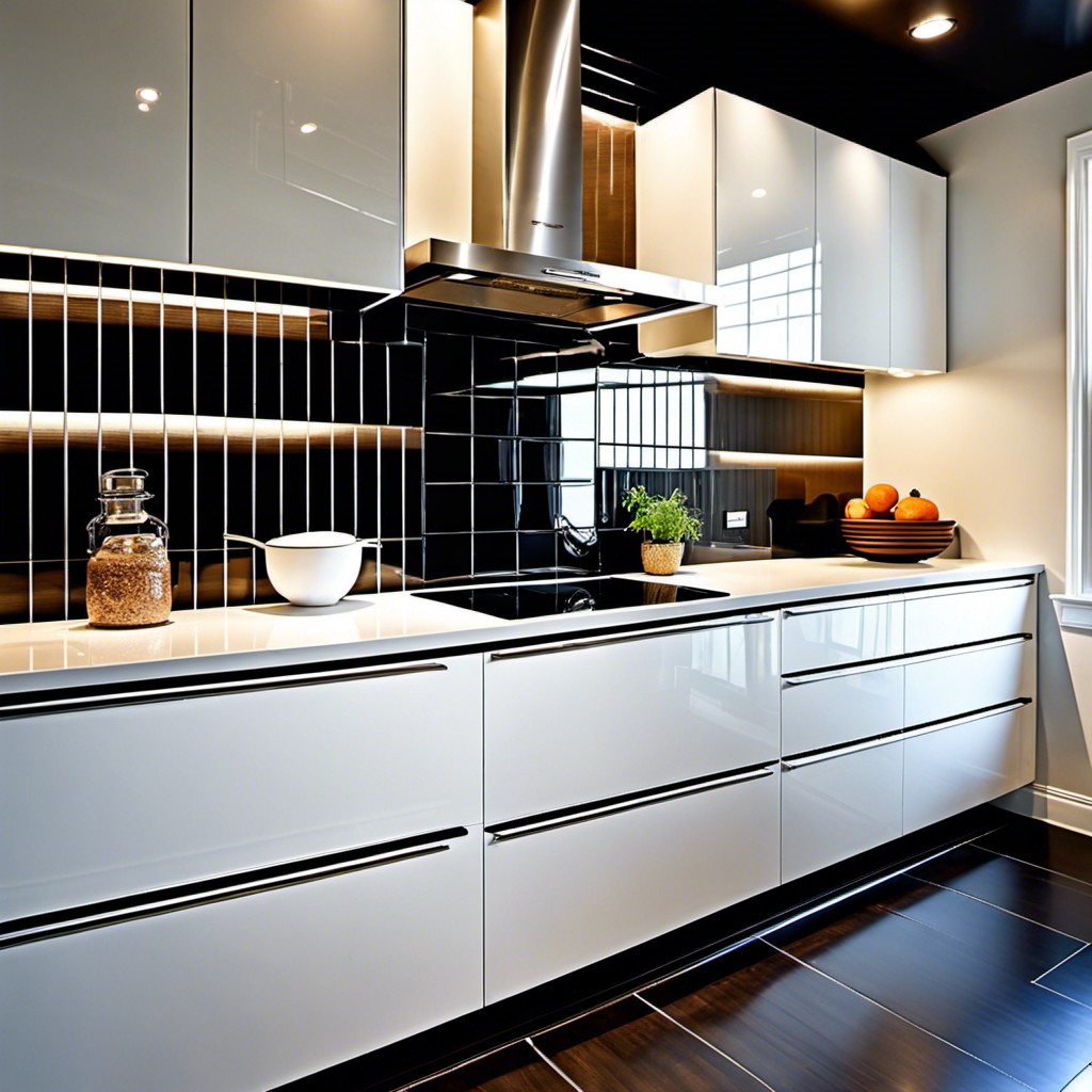 metallic black tile paired with glossy white cabinets