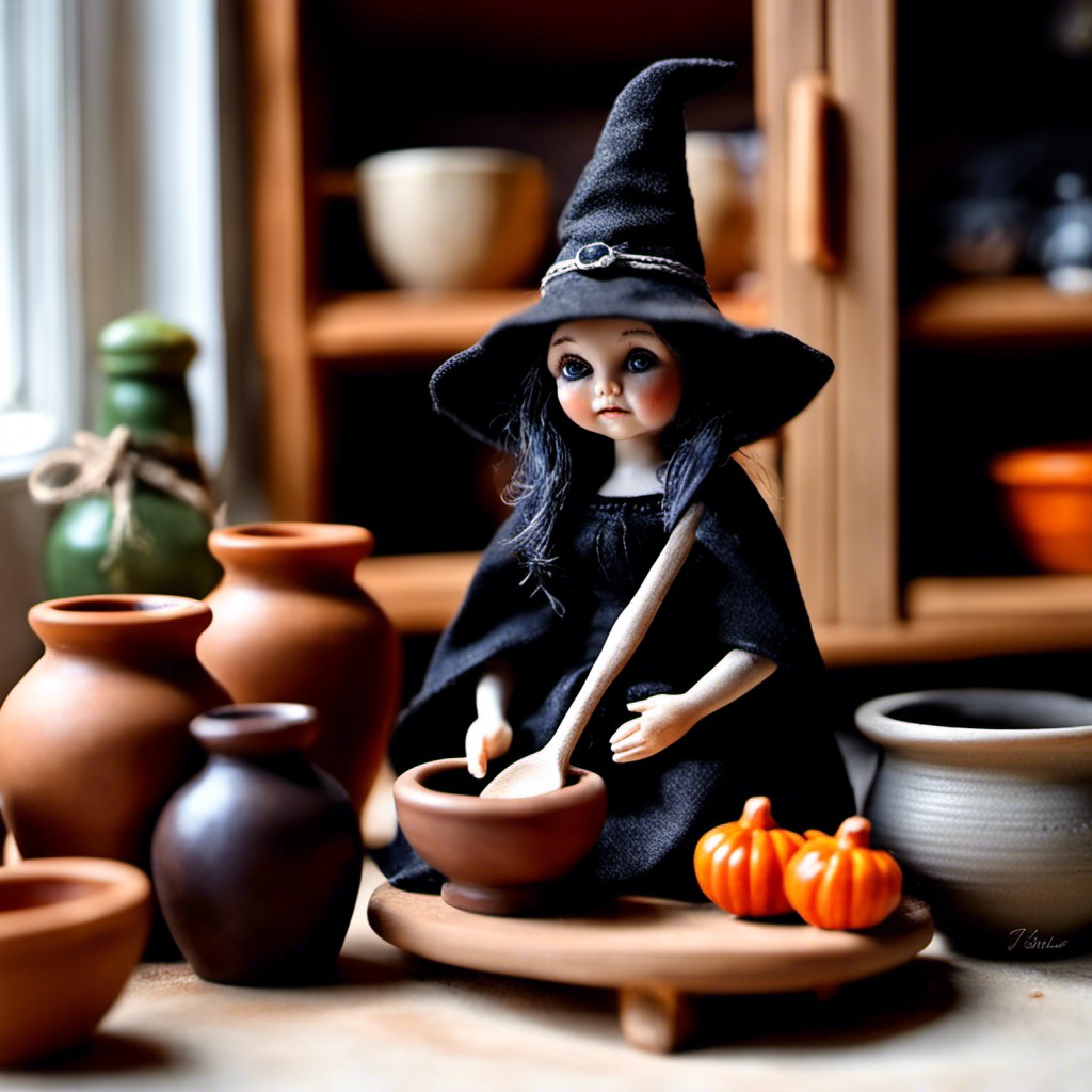 miniature witch doll with pottery set