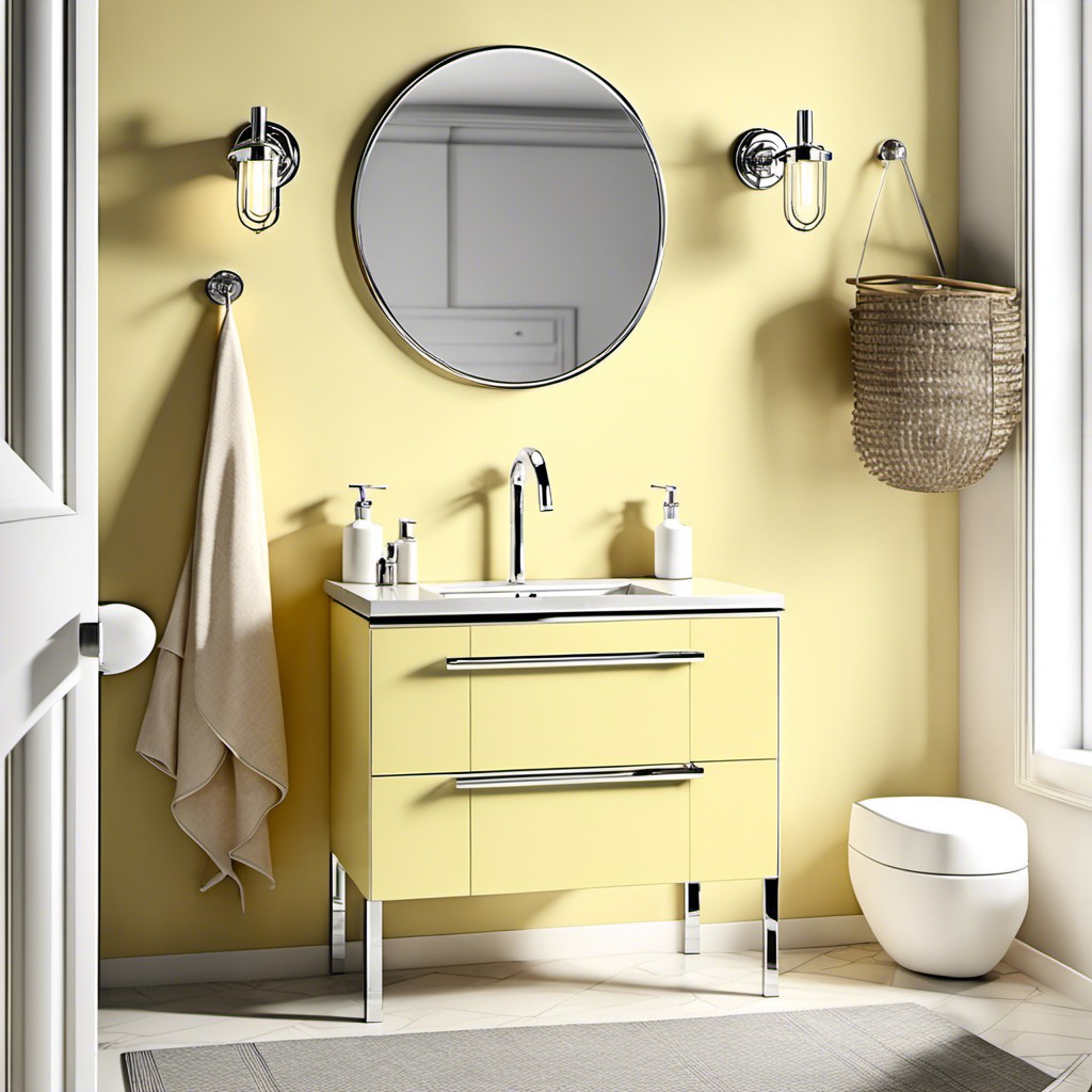 minimalist vanity in pastel yellow with chrome accents