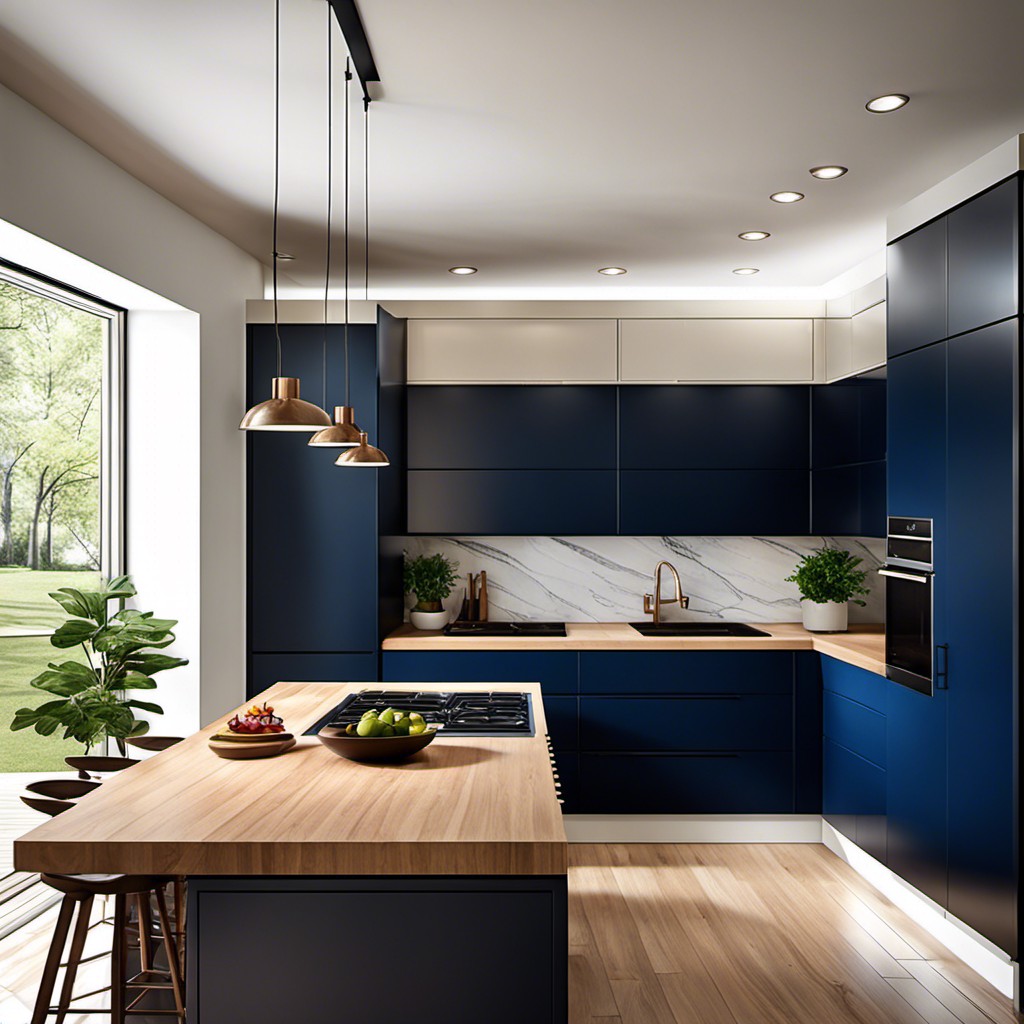 modern flat paneled navy blue cabinets with a dark stained maple countertop