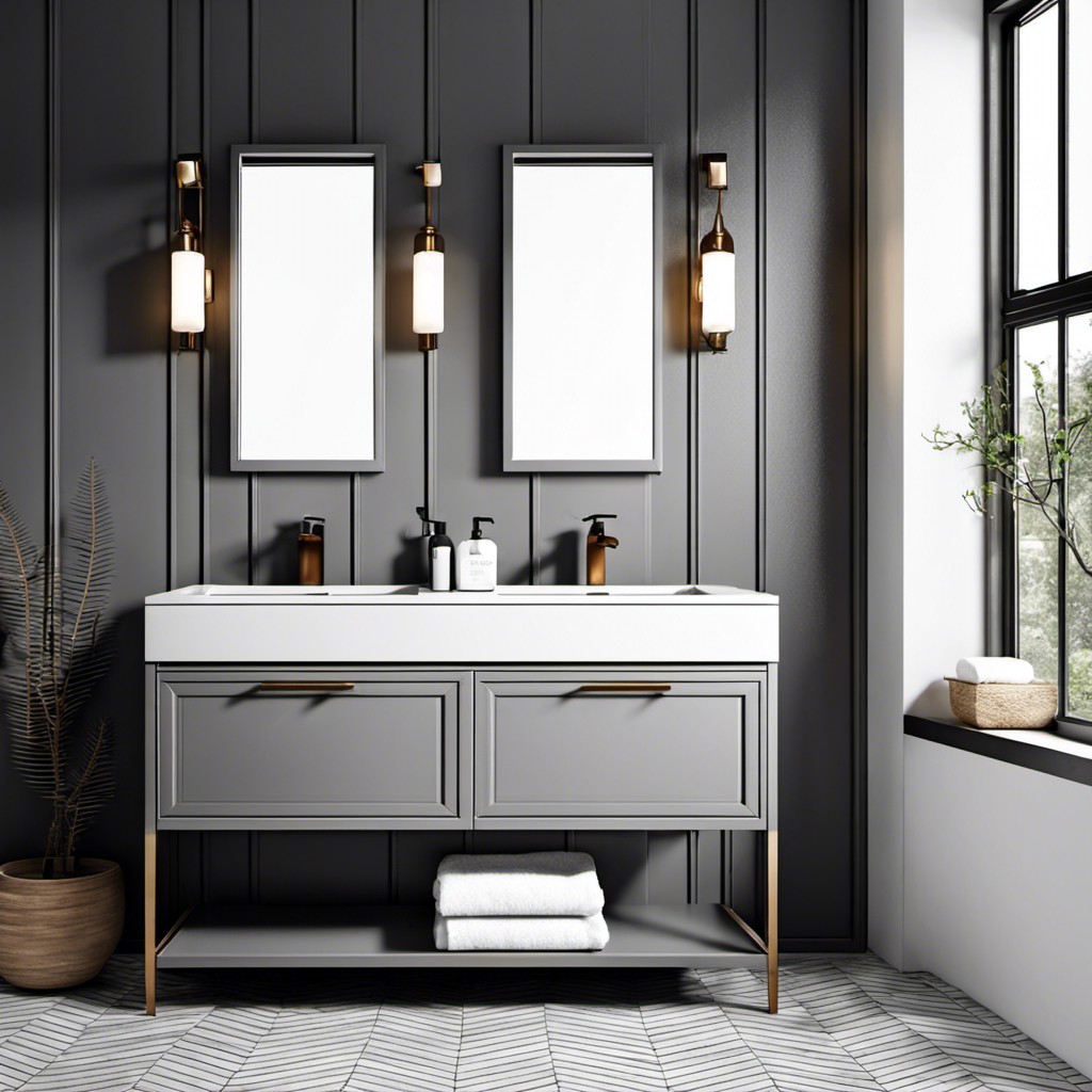 monochrome bathroom with gray cabinets and walls