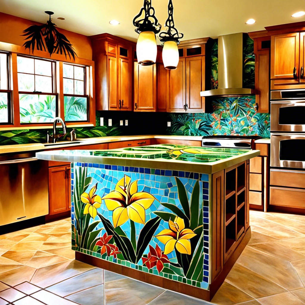 mosaic tile island with a tropical theme