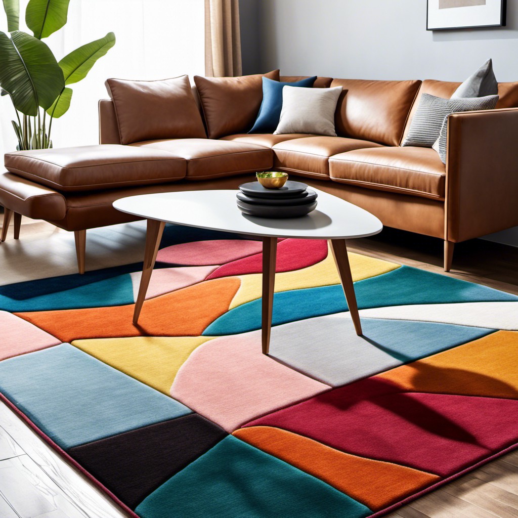 multicolored l shaped rug