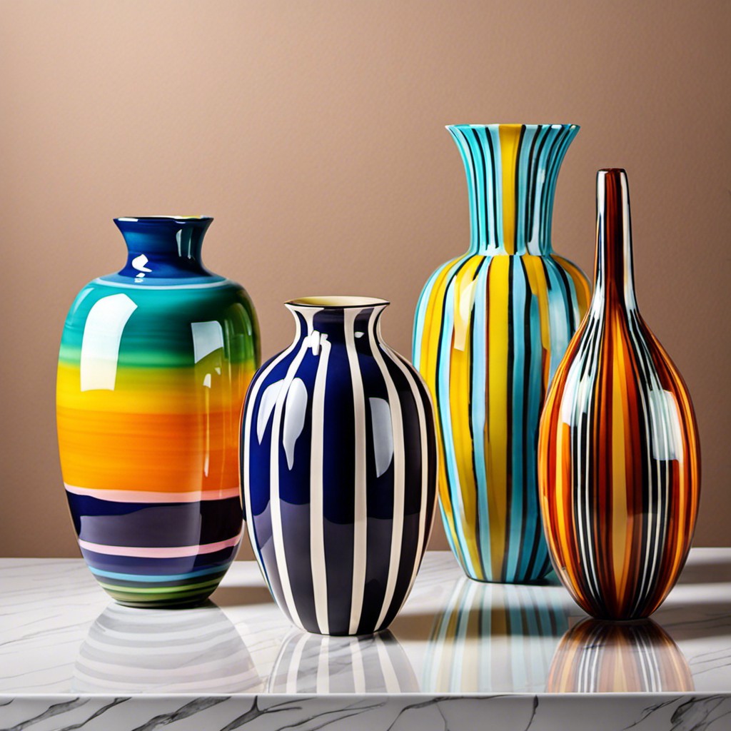 multicolored striped vases