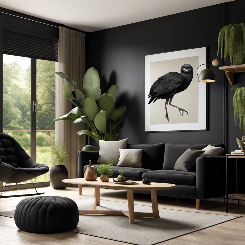 nature themed living room with a black sofa