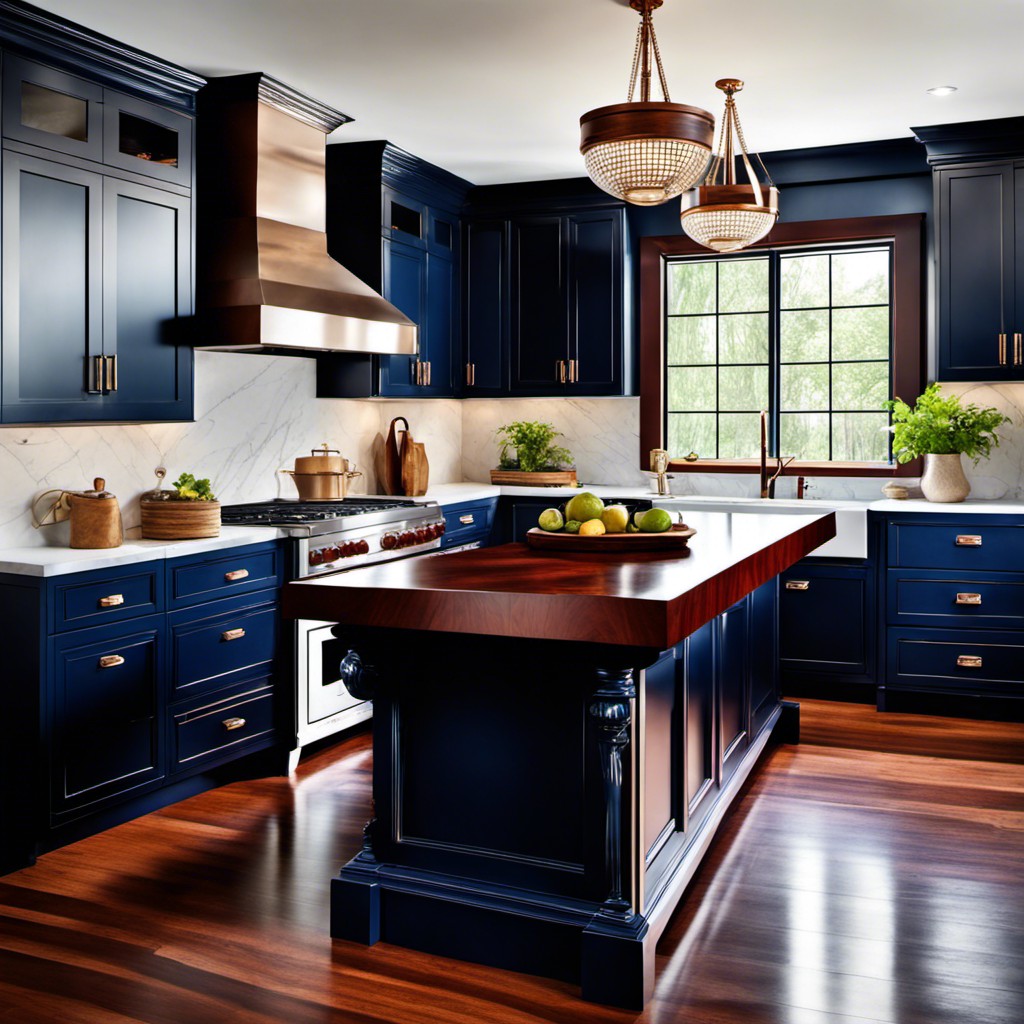 navy blue antique style cabinets with a polished mahogany countertop
