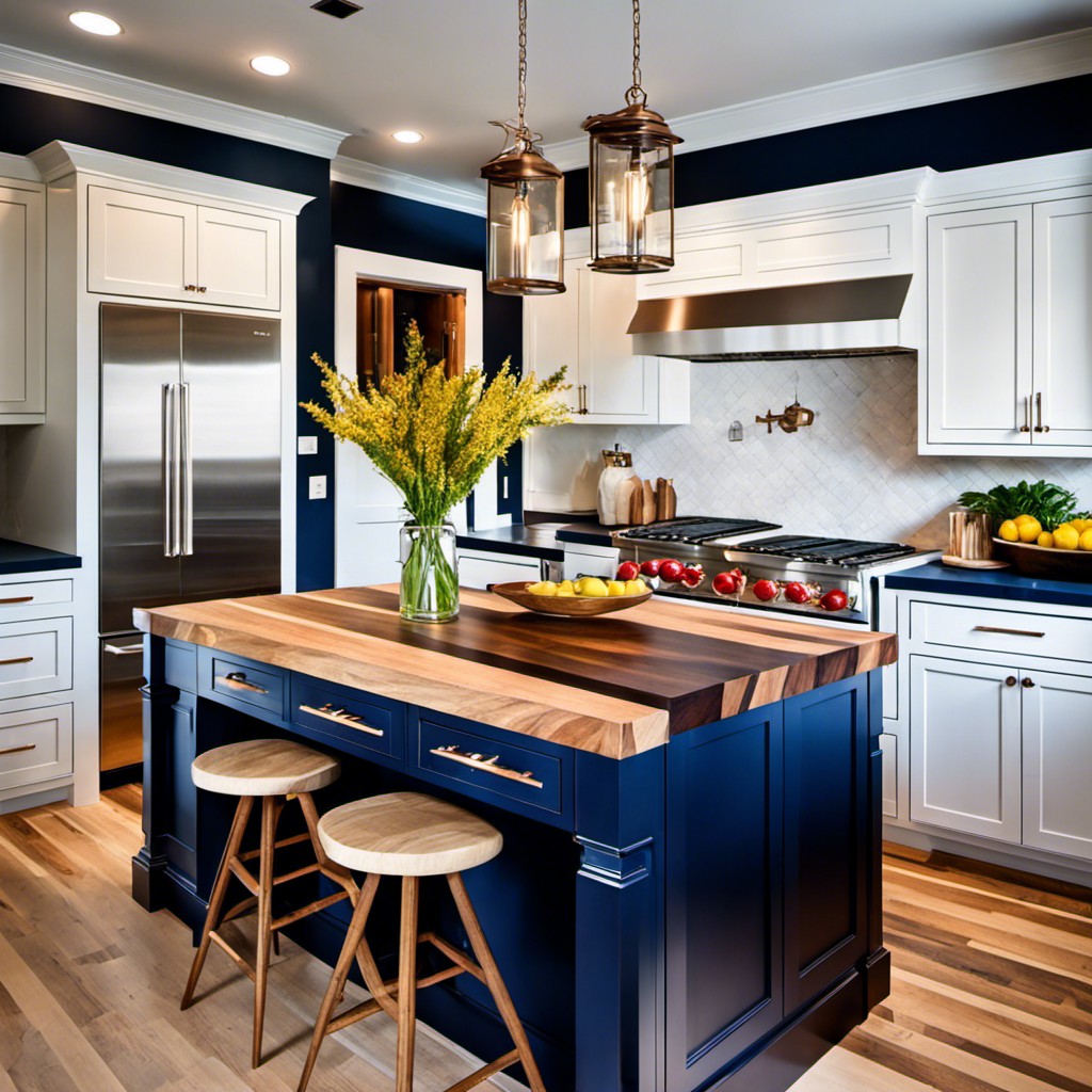 navy blue base cabinets and white uppers with a mixed species wood countertop