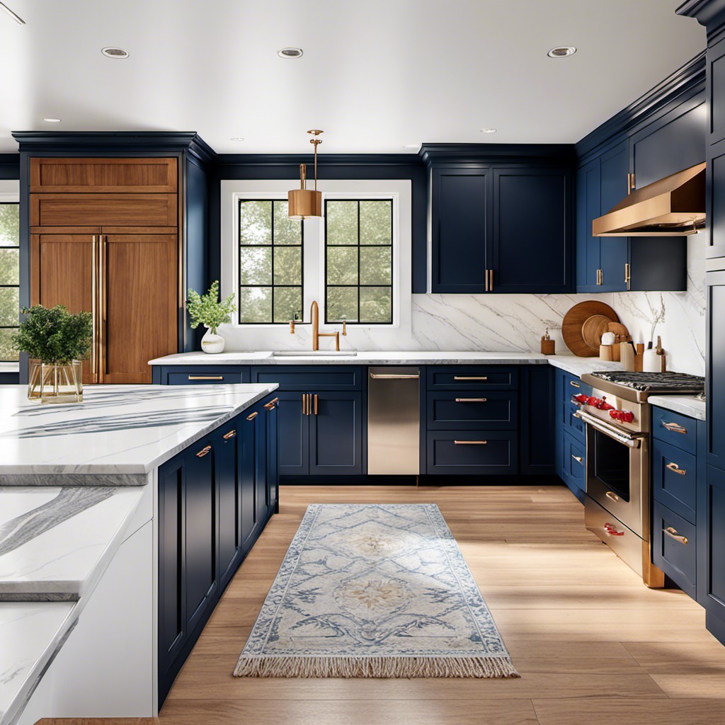 navy blue cabinets with a contrasting wood and marble countertop