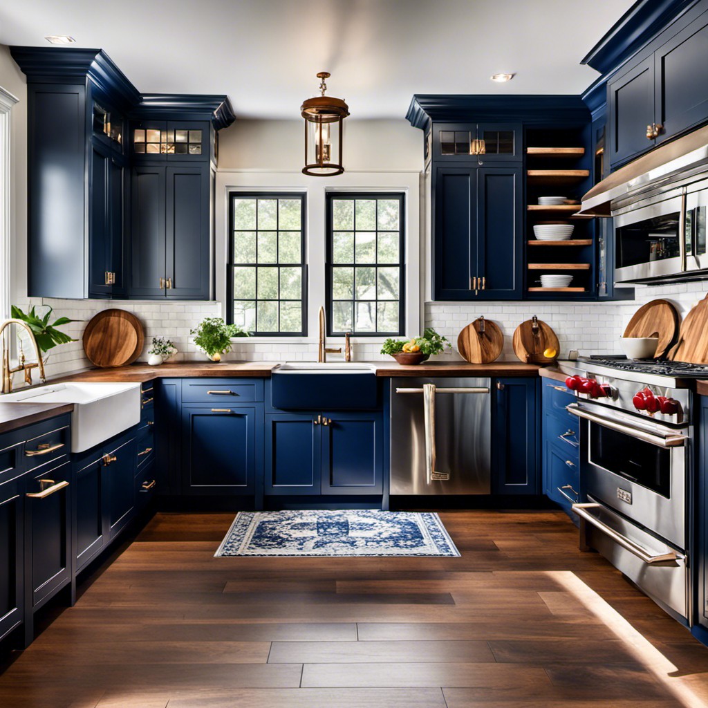 navy blue cabinets with intricate molding and walnut butcher block countertops