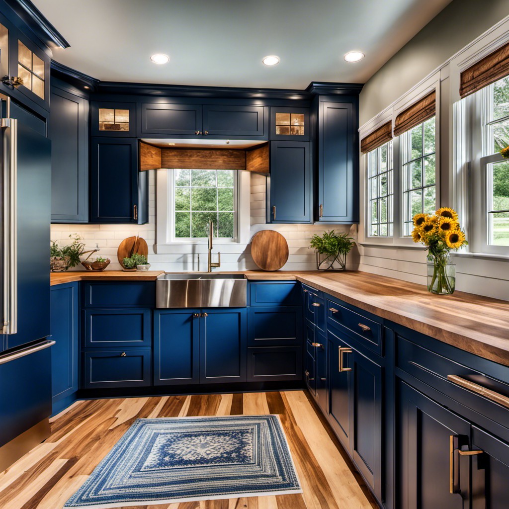 navy blue country style cabinets with a distressed alder countertop