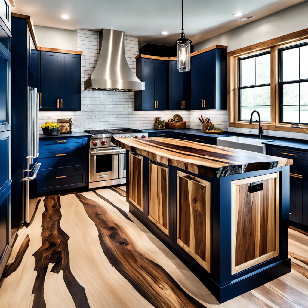 navy blue frame floor cabinets with a hickory live edge countertop