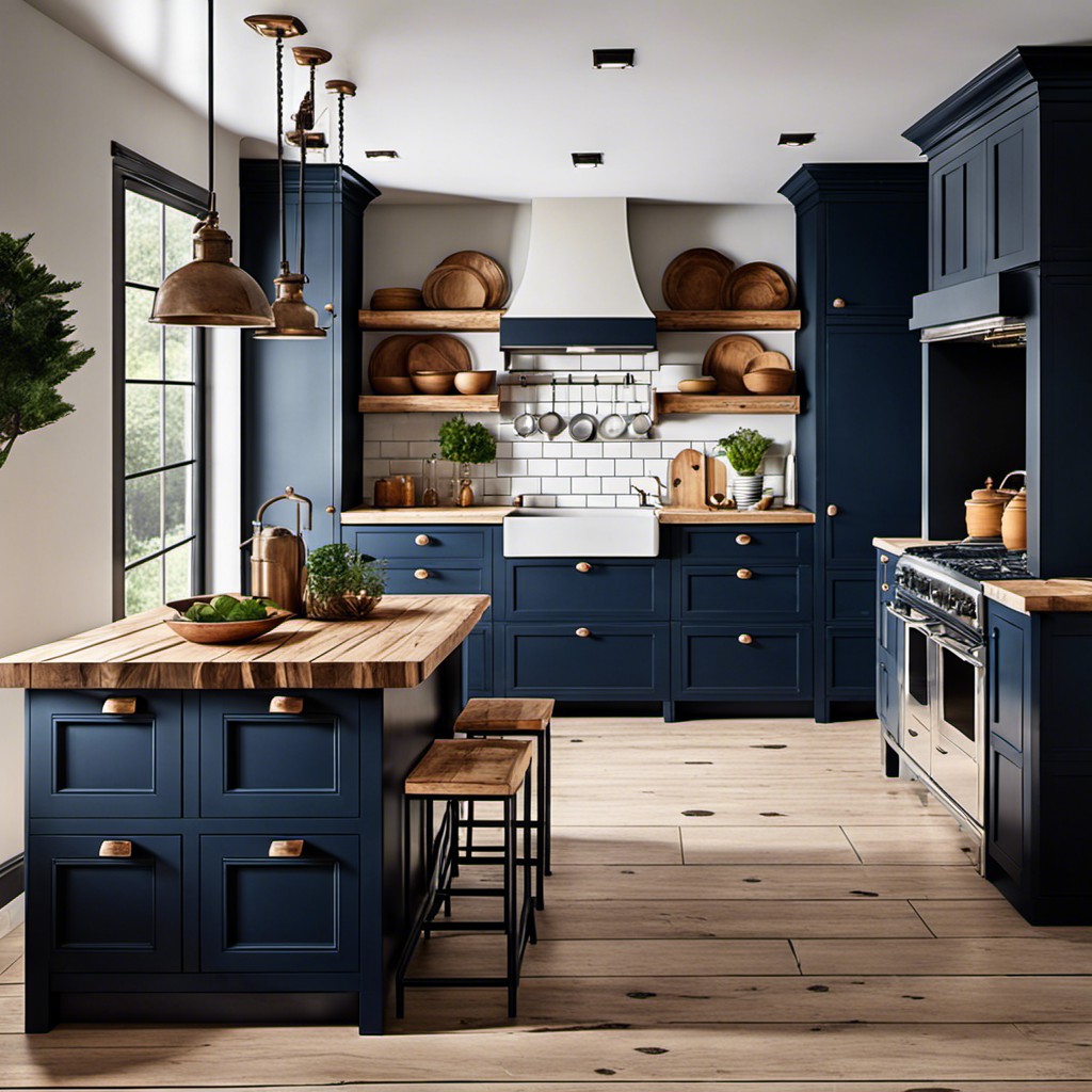 navy blue freestanding cabinets with unfinished pine countertops for a rustic look