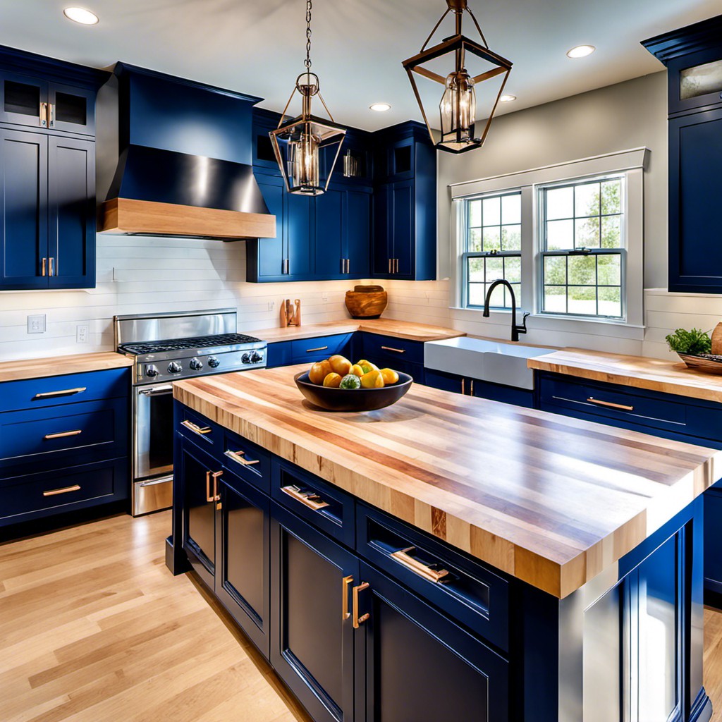 navy blue island cabinets paired with a maple butcher block countertop
