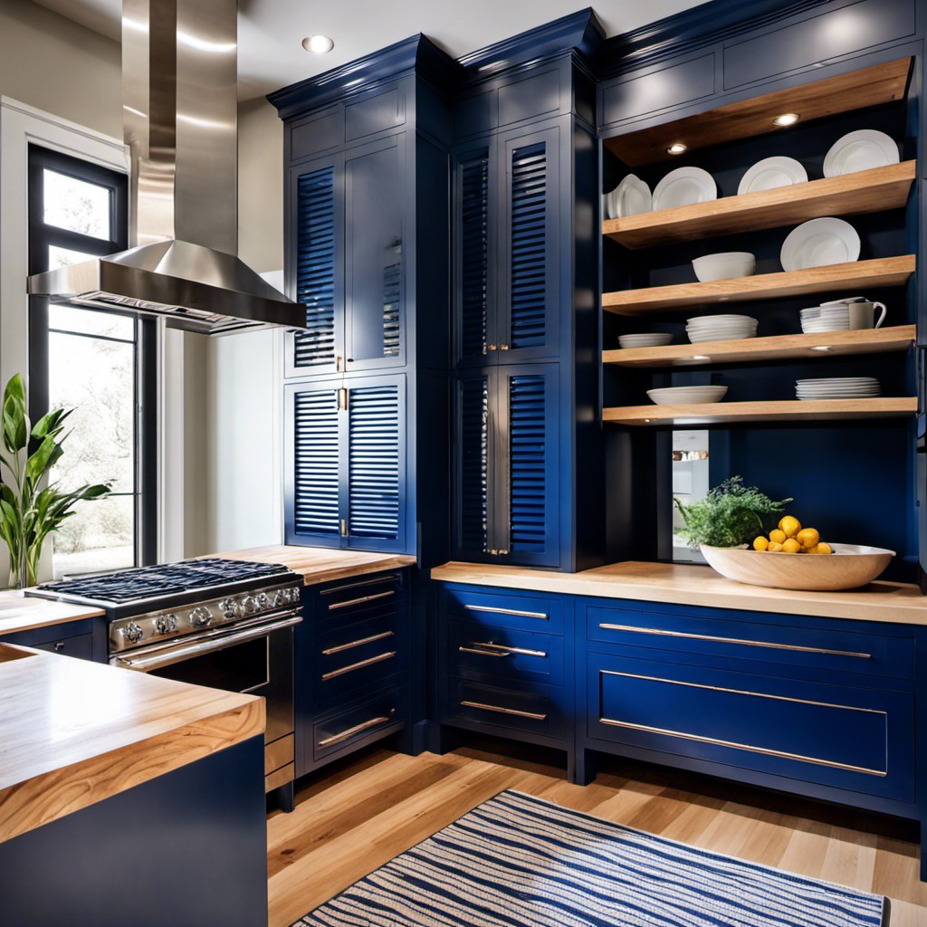 navy blue louvered cabinets with a varnished birch countertop