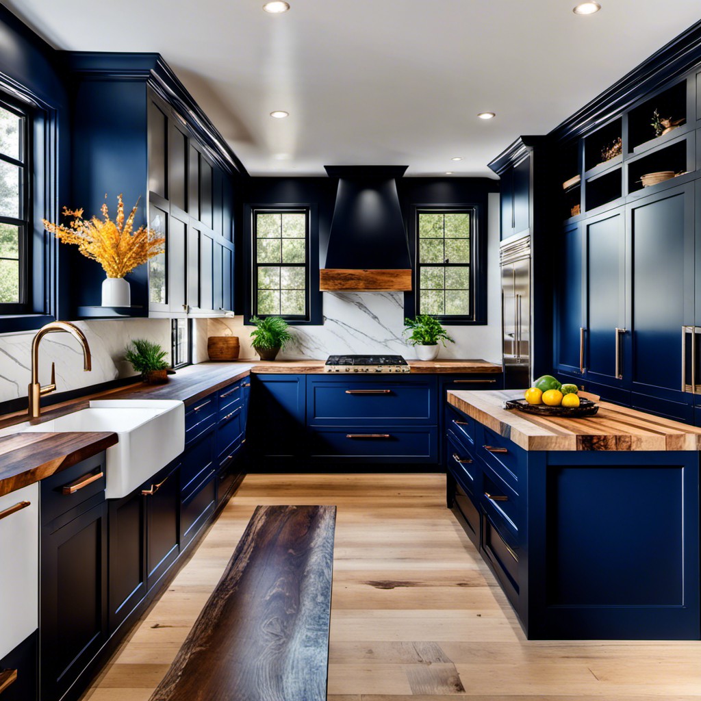 navy blue modular cabinets with reclaimed wood countertops for an eco friendly touch