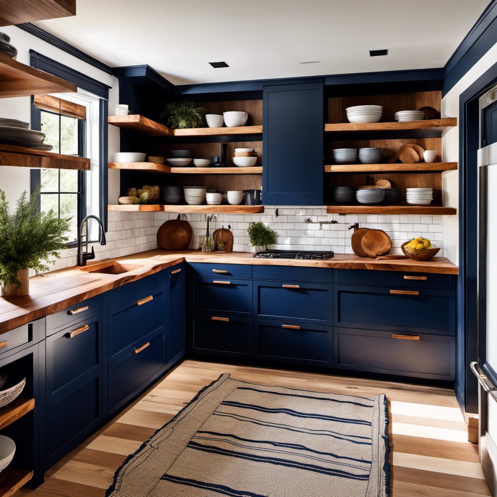 navy blue open shelving cabinets with a slab style cedar countertop