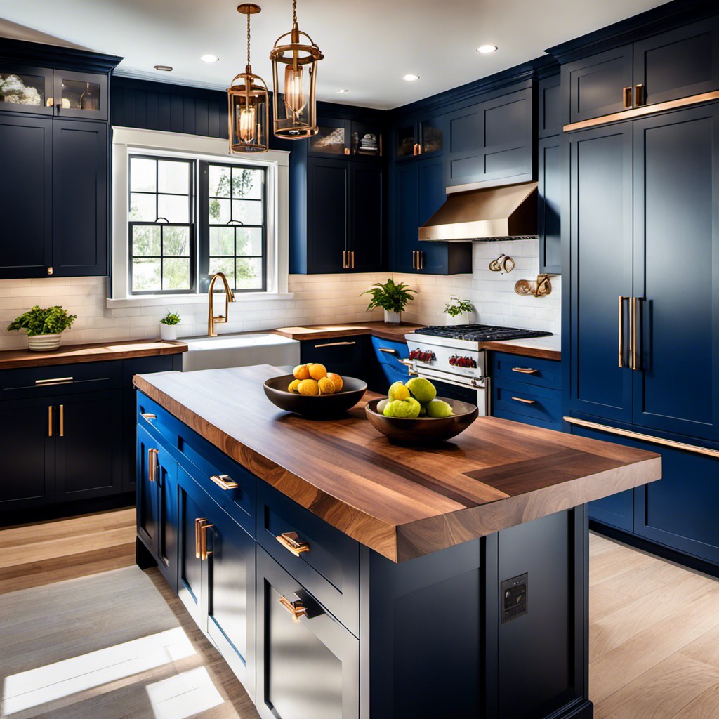 navy blue shaker style cabinets with walnut countertops