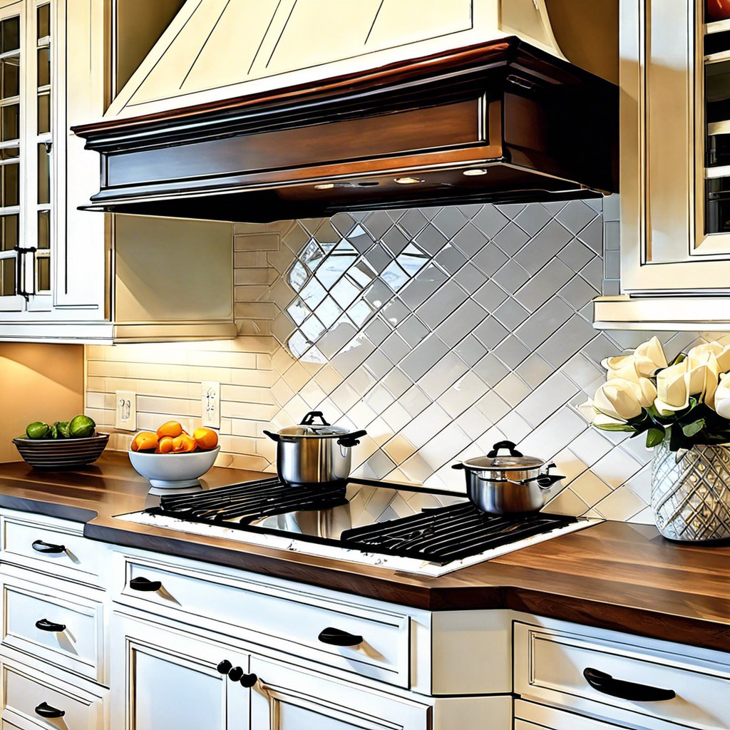 oakwood backsplash with white cabinets