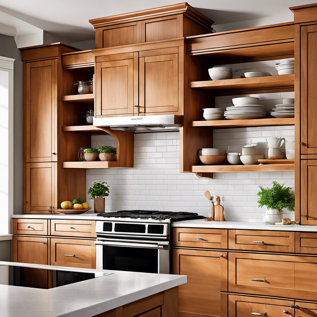 open shelving arrangement above honey maple cabinets