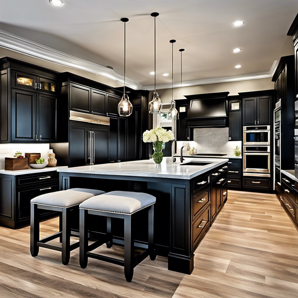 oversized black island with integrated seating