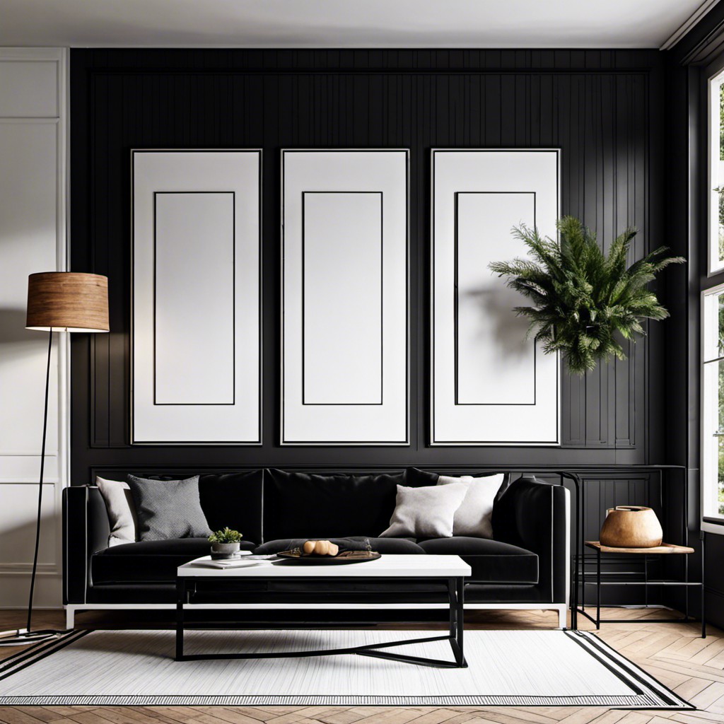 pairing a black sofa with high contrast white walls