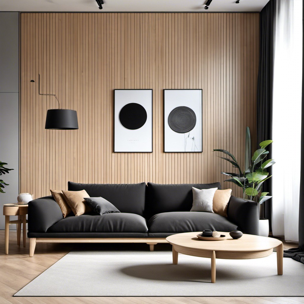 pairing a black sofa with light wood furniture